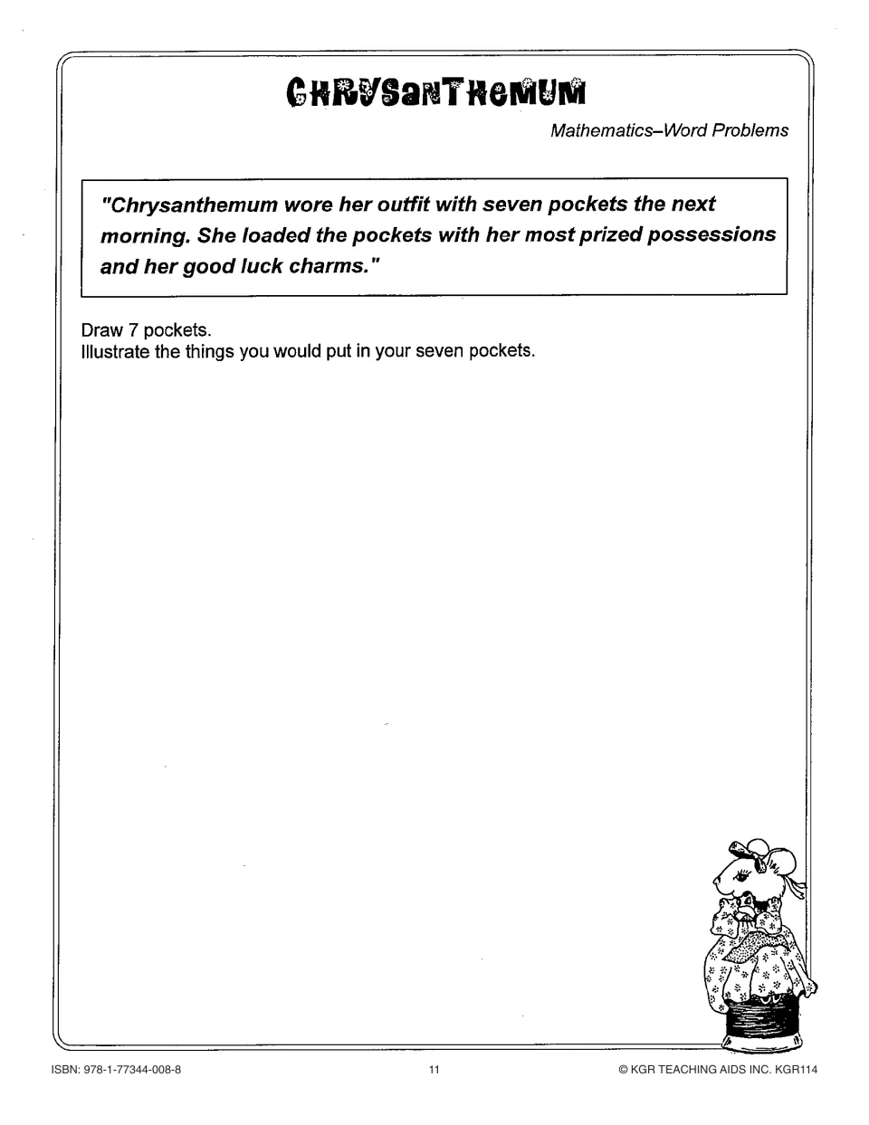 Seven-pocket drawing activity asks students to illustrate what they would carry, following a story excerpt