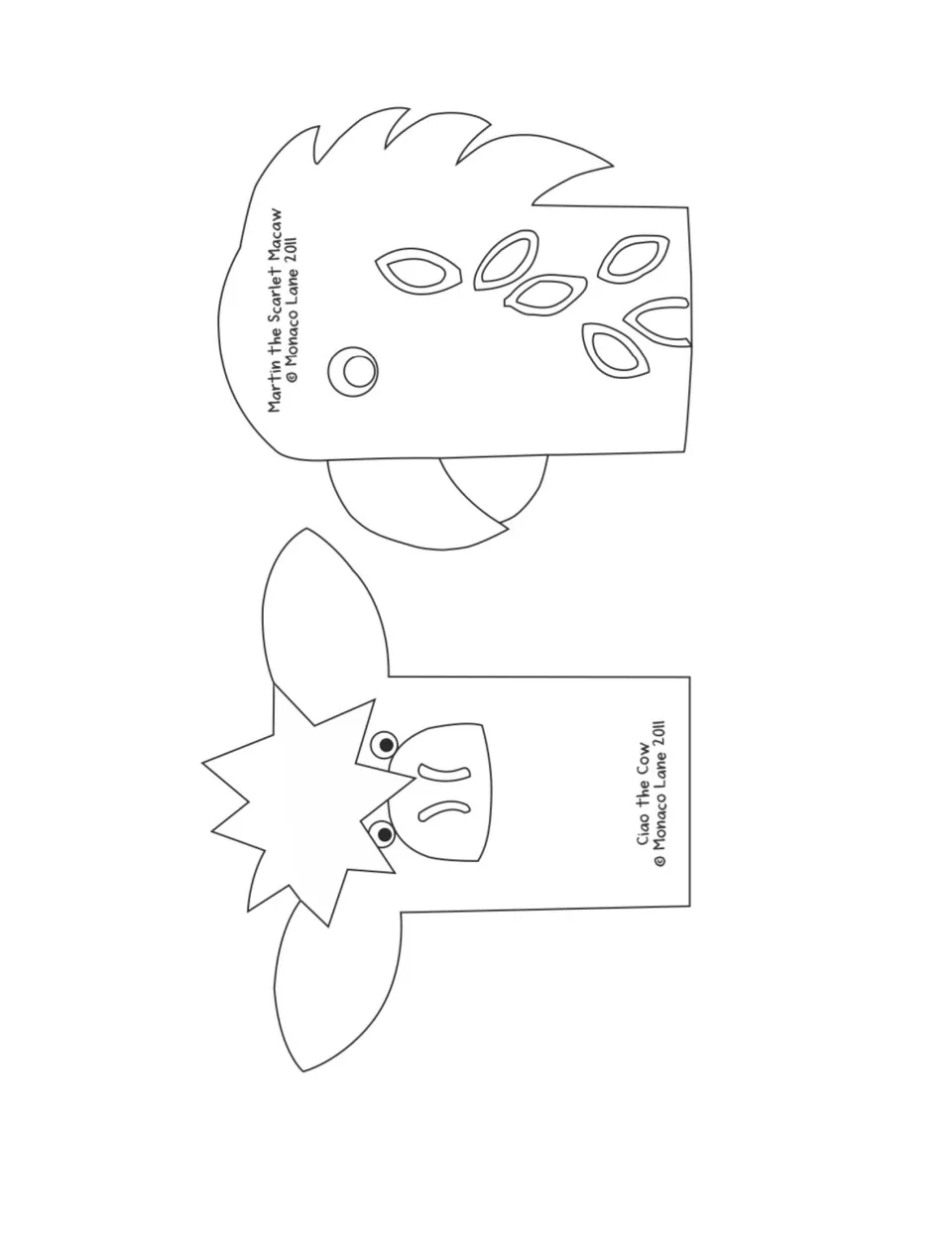 Animal finger puppets: blank outlines of Martin the Scarlet Macaw and Ciao the Cow for students to color and cut out
