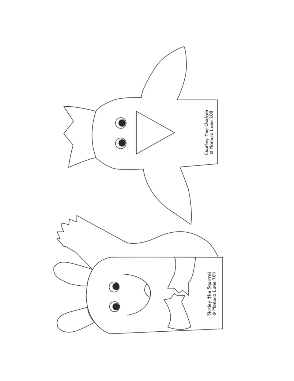 Farm and forest finger puppets: uncolored outlines of Charley the Chicken and Shirley the Squirrel ready to color and cut