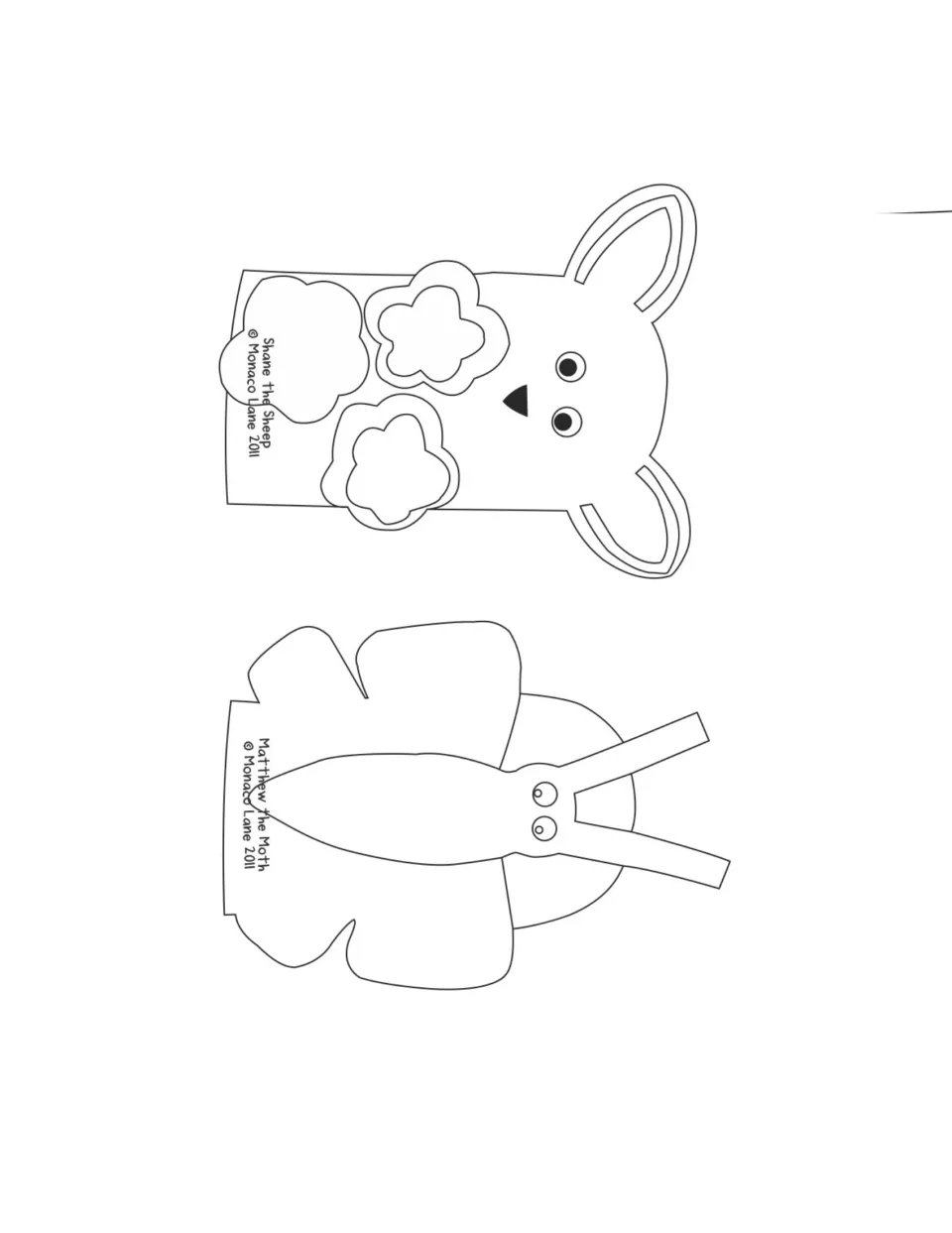 Finger puppet outlines of Shane the Sheep with woolly tufts and Matthew the Moth with wings and antennae to color and cut