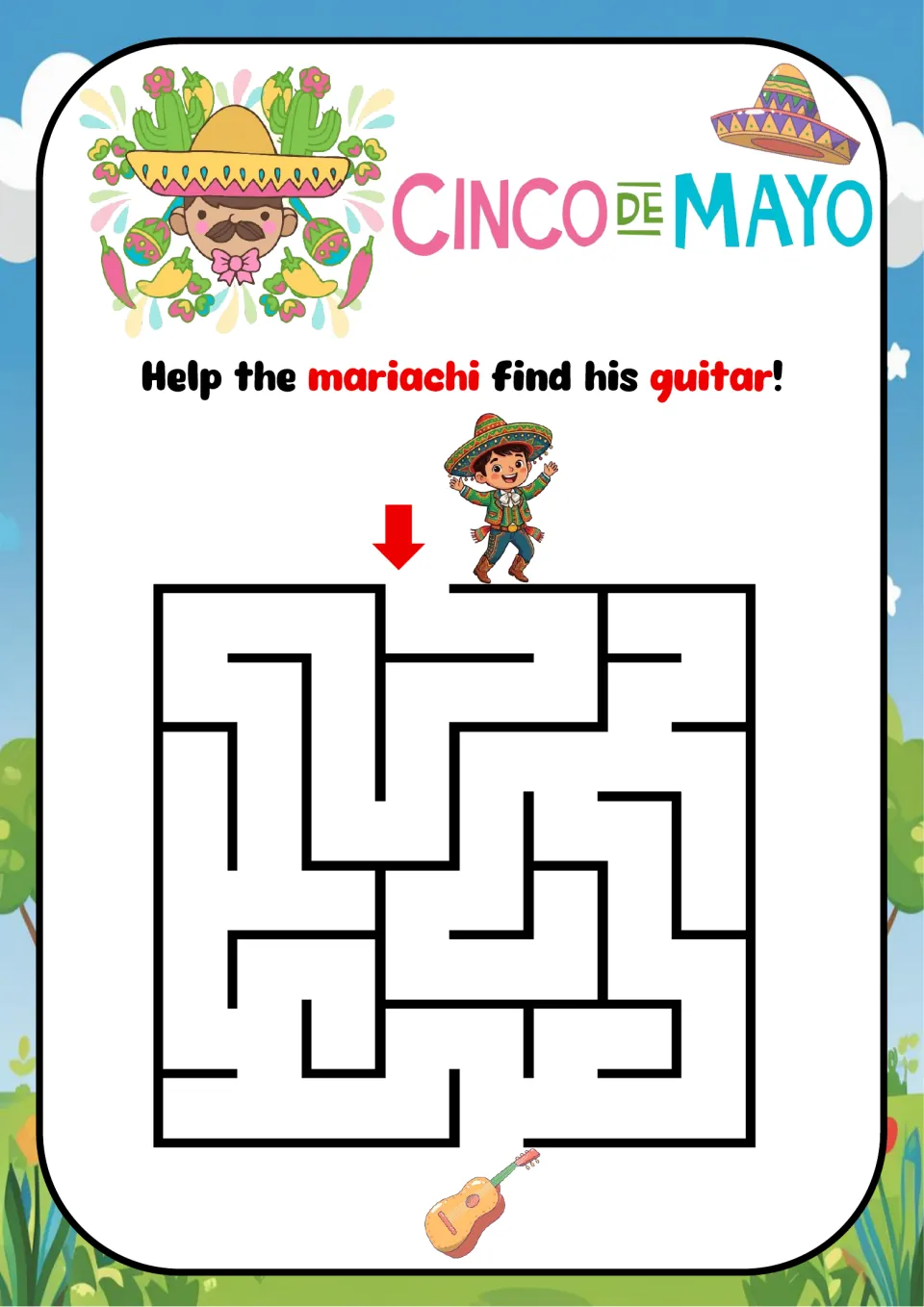 Cinco de Mayo maze 1: trace a path through the square maze to help the mariachi find his guitar below.