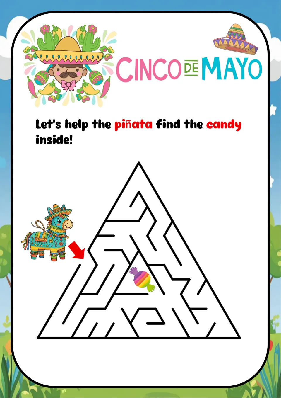 Cinco de Mayo maze 3: help the piñata reach the wrapped candy inside by tracing through a triangular maze.