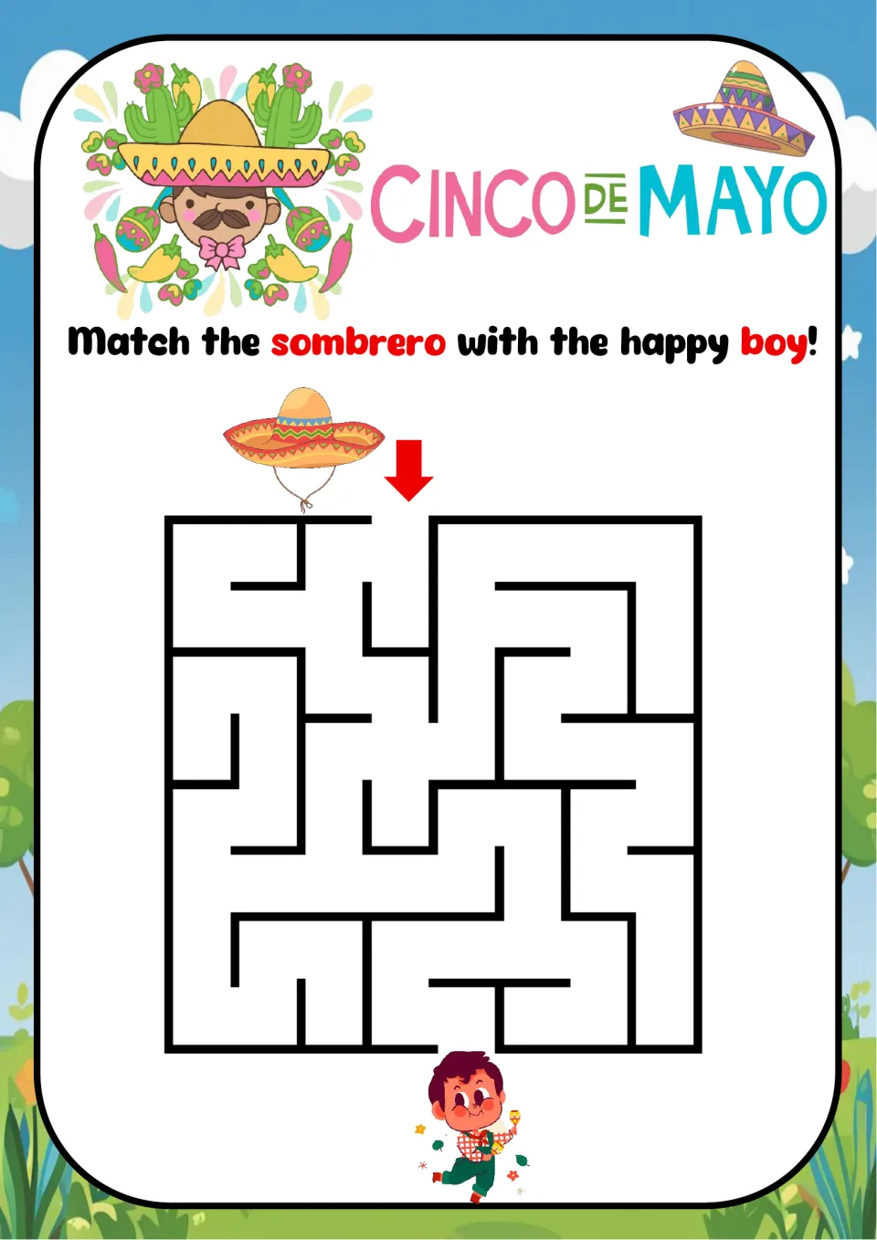 Cinco de Mayo maze 4: trace through the square maze to match the sombrero (hat) with the happy boy below.