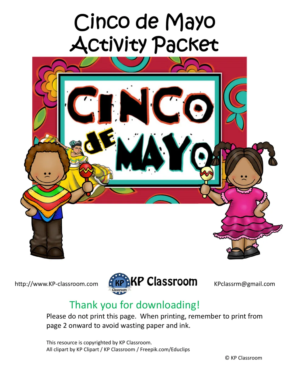 Cinco de Mayo Activity Packet cover: kids with maracas by a Cinco de Mayo sign, plus KP Classroom thank-you and print note