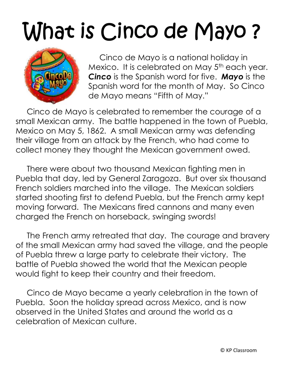 What is Cinco de Mayo? reading passage on the 1862 Battle of Puebla, General Zaragoza and how the May 5th holiday spread