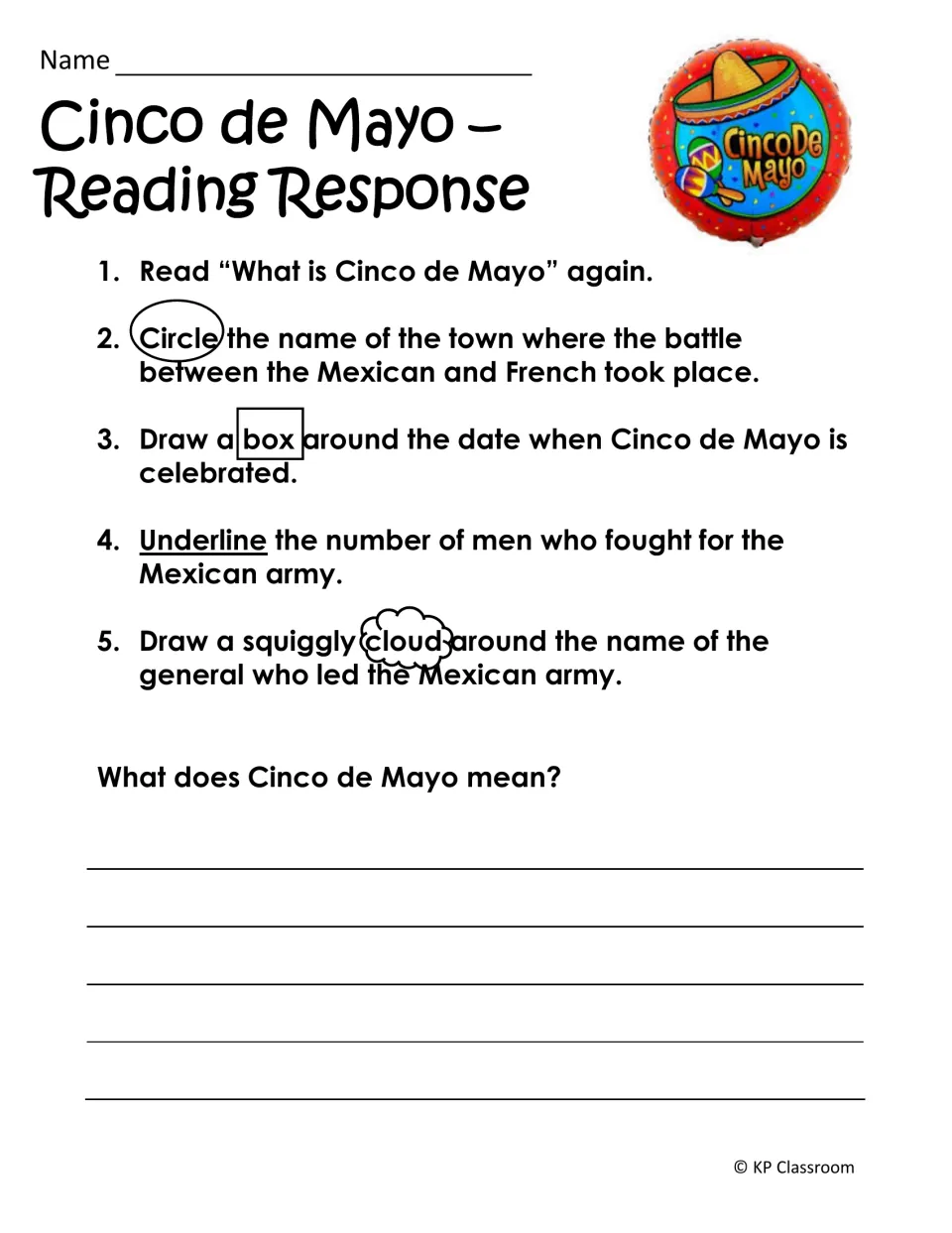 Battle of Puebla text marking: students circle the town, box the date, underline troop numbers, then explain the name
