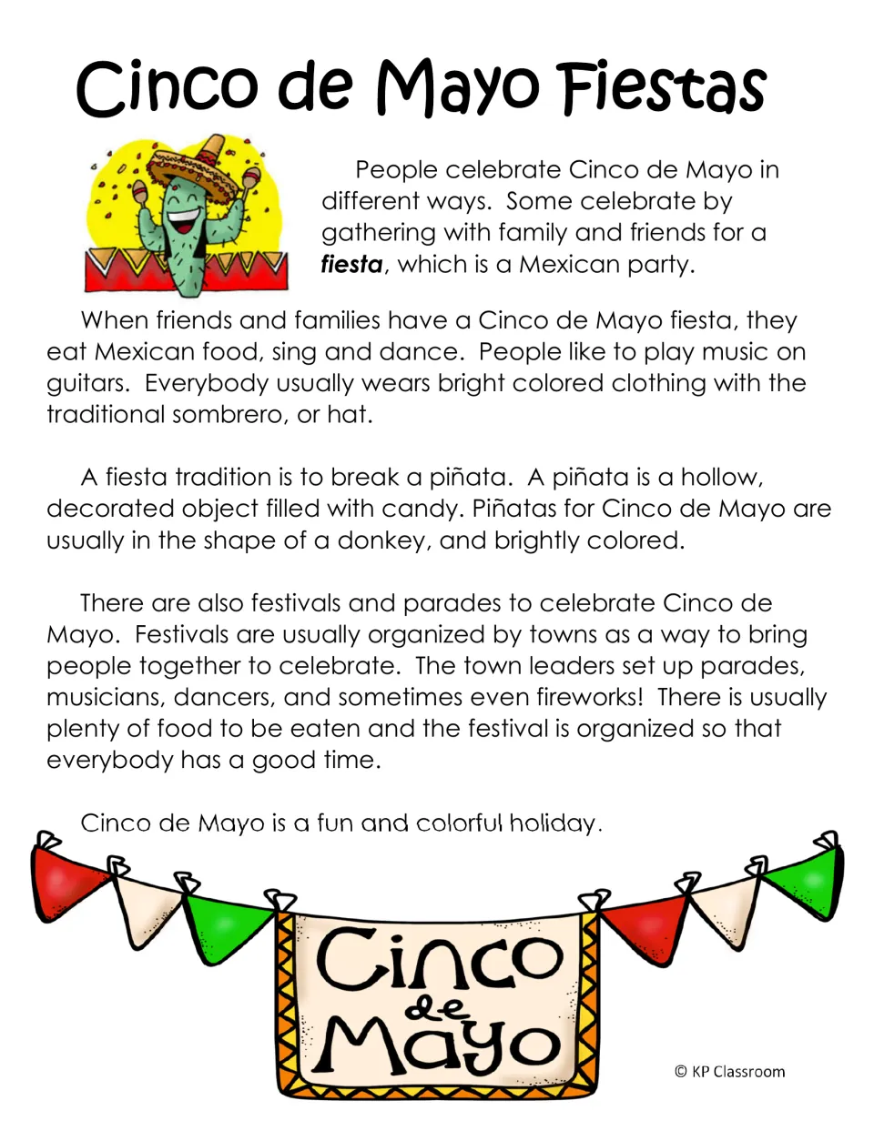 Cinco de Mayo Fiestas reading passage on family parties, sombreros, donkey piñatas, town festivals, parades and fireworks