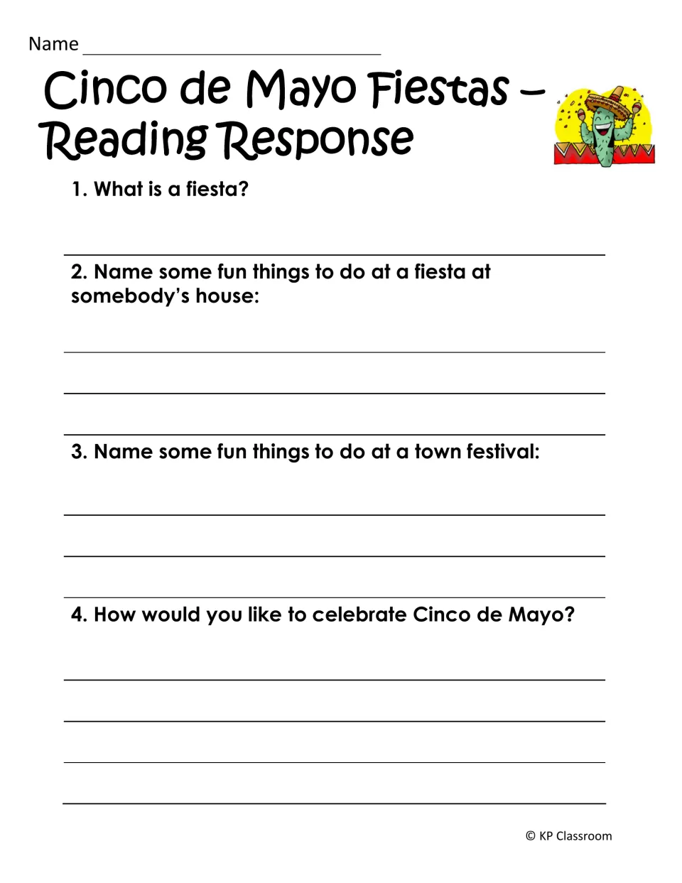 Fiestas comprehension: students define a fiesta, list home party and town festival activities, and plan their own