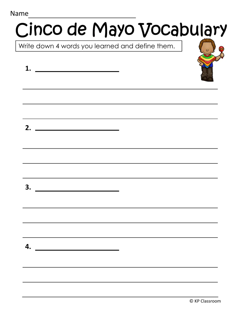 Cinco de Mayo vocabulary: students write down four new words they learned and a definition for each one
