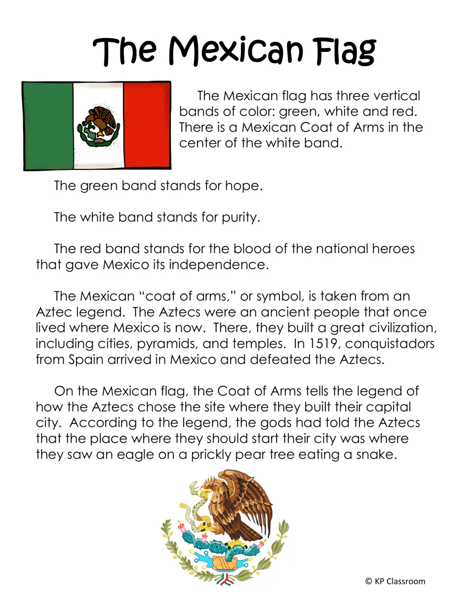 The Mexican Flag reading passage on the meaning of the green, white and red bands and the Aztec eagle-and-snake legend
