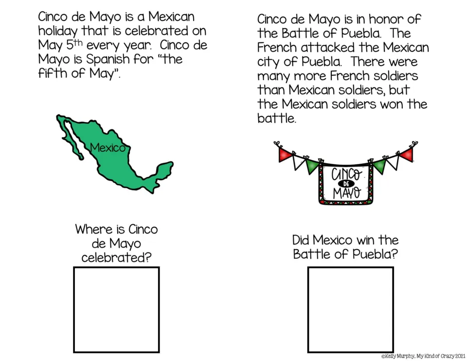 Color book pages 1–2 explain May 5 and the Battle of Puebla, asking where it is celebrated and who won