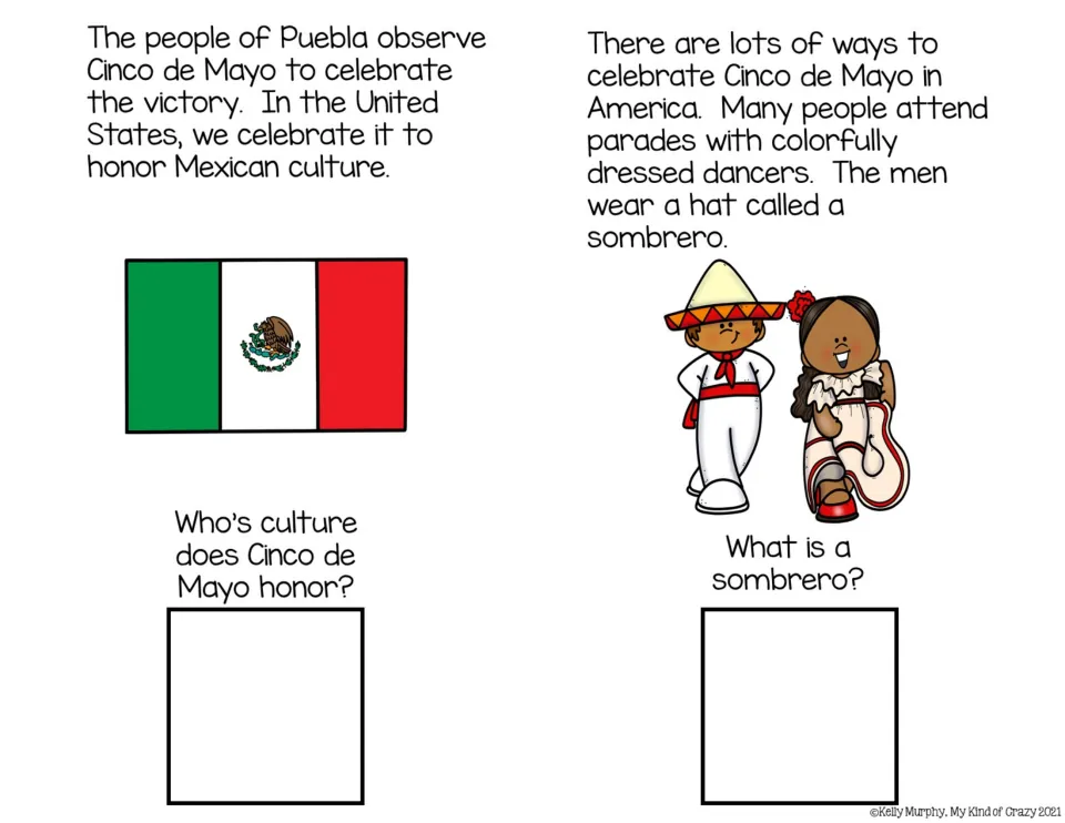 Color book pages 3–4 describe honoring Mexican culture and parades, with questions about culture and sombreros