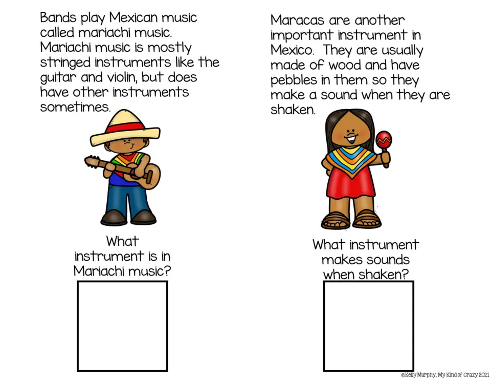 Color book pages 5–6 introduce mariachi music and maracas, asking about instruments and which makes sound shaken