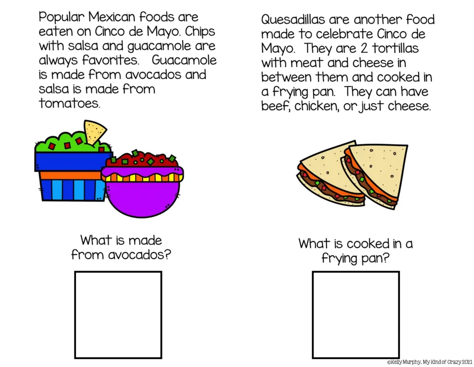 Color book pages 7–8 describe guacamole, salsa, and quesadillas, asking about avocados and frying-pan cooking