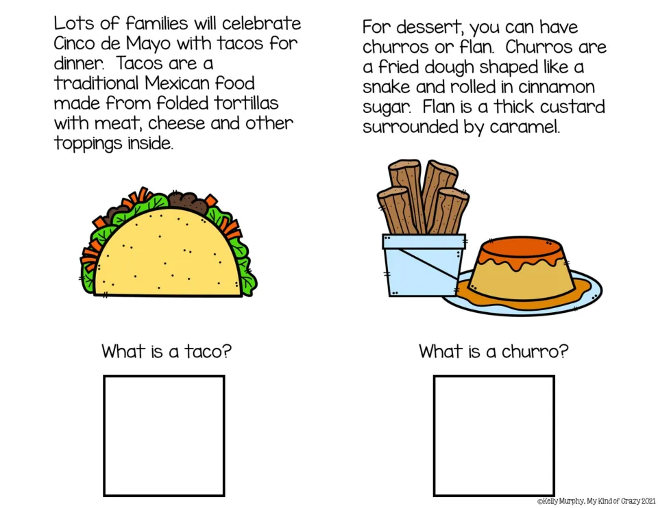 Color book pages 9–10 describe tacos, churros, and flan, with questions asking what a taco and a churro are