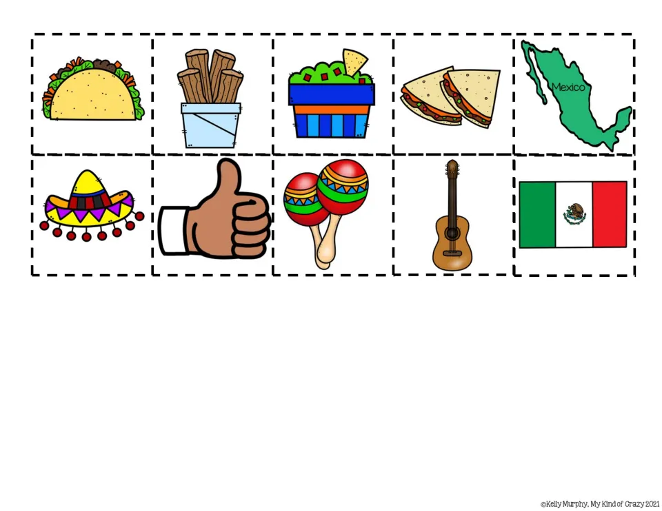 Ten color cut-and-paste picture responses for the book: taco, churros, guacamole, quesadillas, and six more