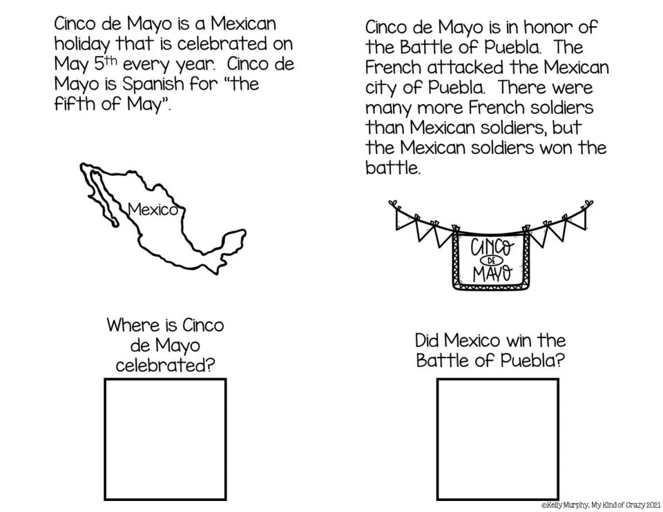 Black-and-white book pages 1–2 explain May 5 and the Battle of Puebla, with questions about location and victory