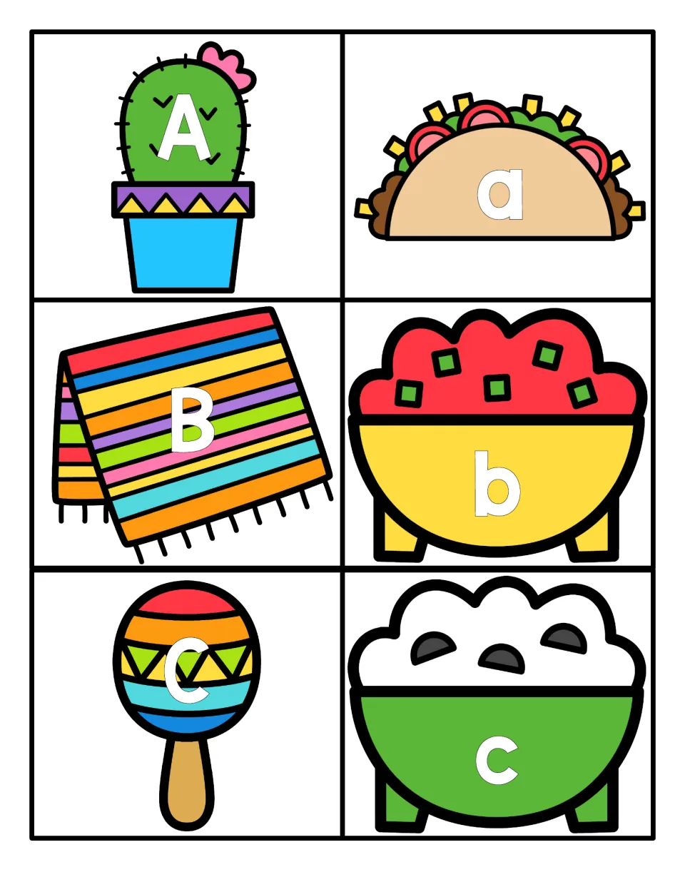 Letters A to C: uppercase on a cactus, blanket and maraca, lowercase on a taco, salsa and dip bowl for letter matching