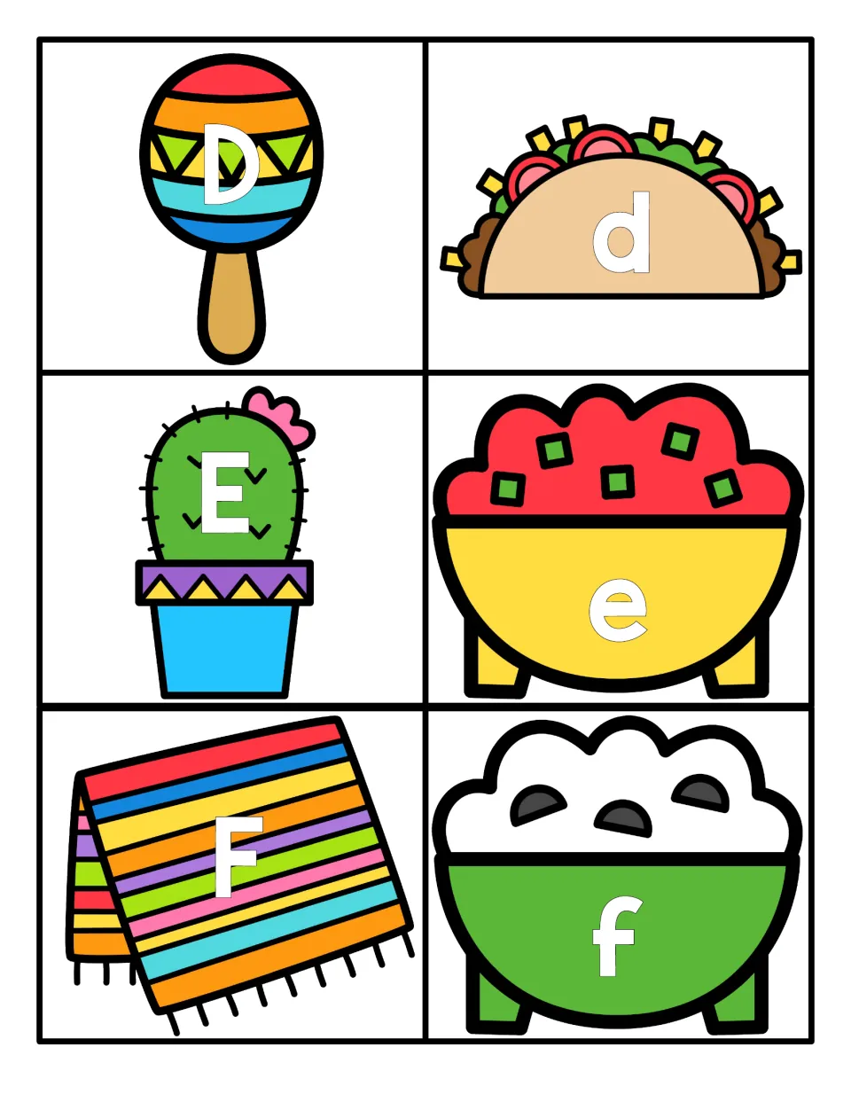 Letters D to F: uppercase D, E, F on a maraca, cactus and blanket; lowercase d, e, f on a taco, salsa and dip bowl