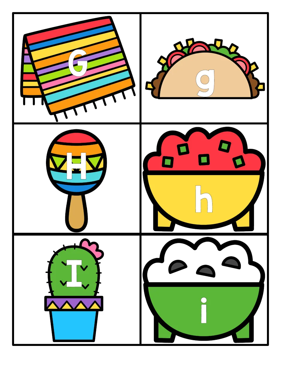 Letters G to I: students pair uppercase G, H, I on a blanket, maraca and cactus with lowercase on taco, salsa and dip