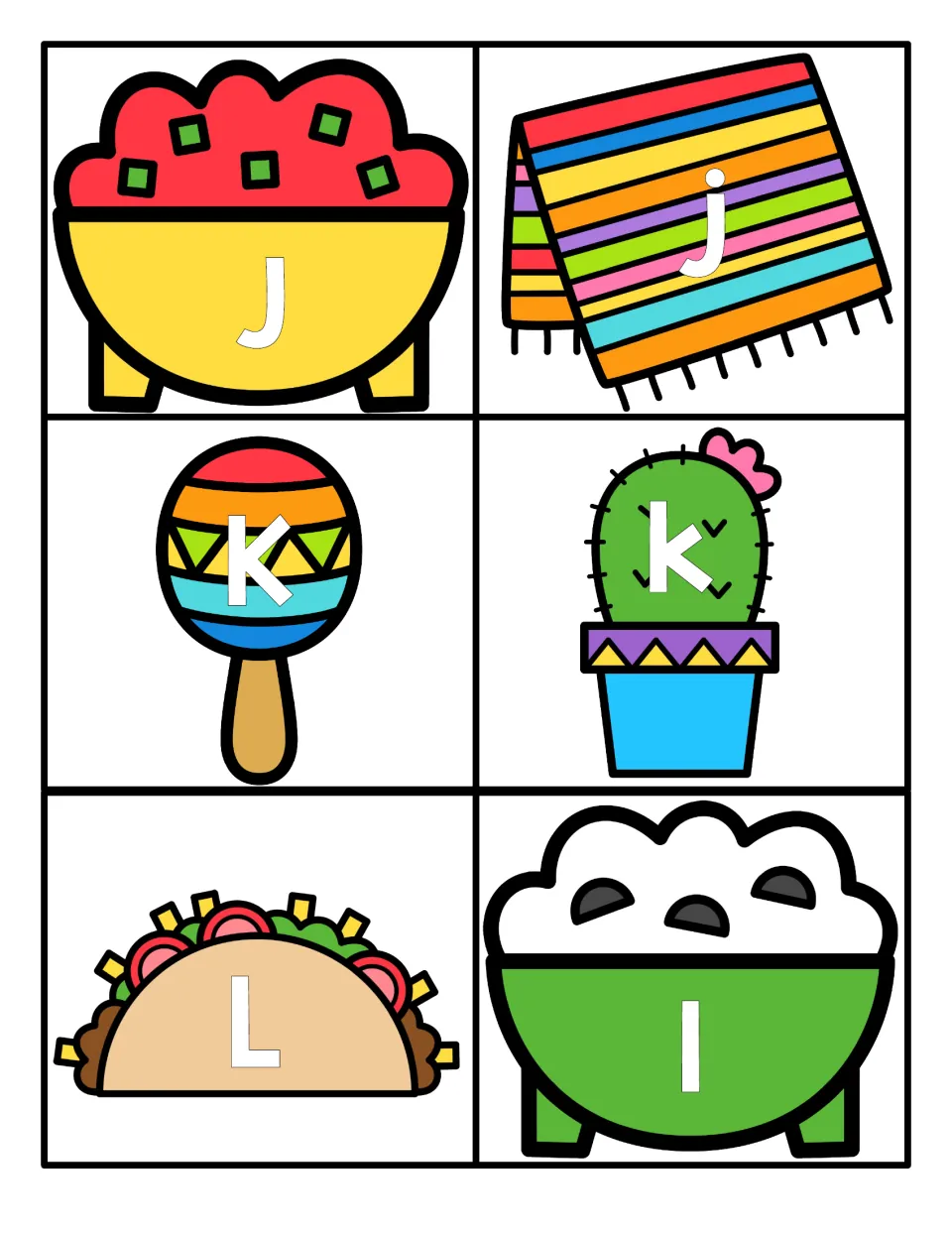 Letters J to L: uppercase J, K, L on salsa, a maraca and a taco paired with lowercase j, k, l on a blanket, cactus and dip