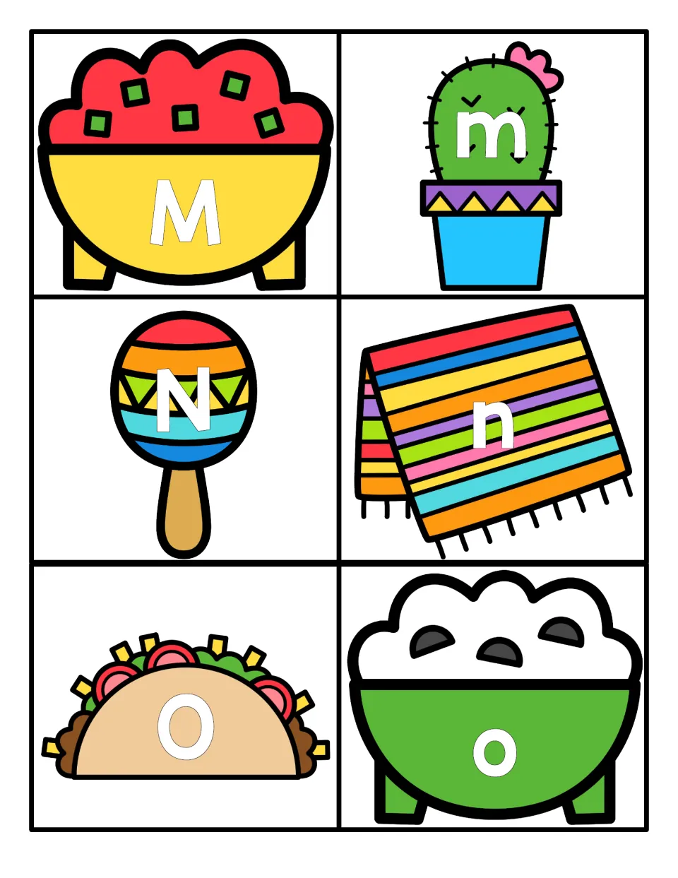 Letters M to O: match uppercase M, N, O on salsa, a maraca and a taco to lowercase m, n, o on a cactus, blanket and dip