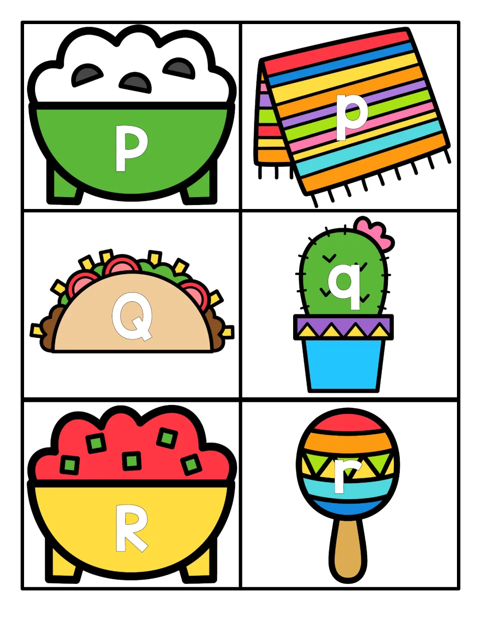 Letters P to R: uppercase P, Q, R on a dip bowl, taco and salsa matched with lowercase p, q, r on a blanket, cactus, maraca