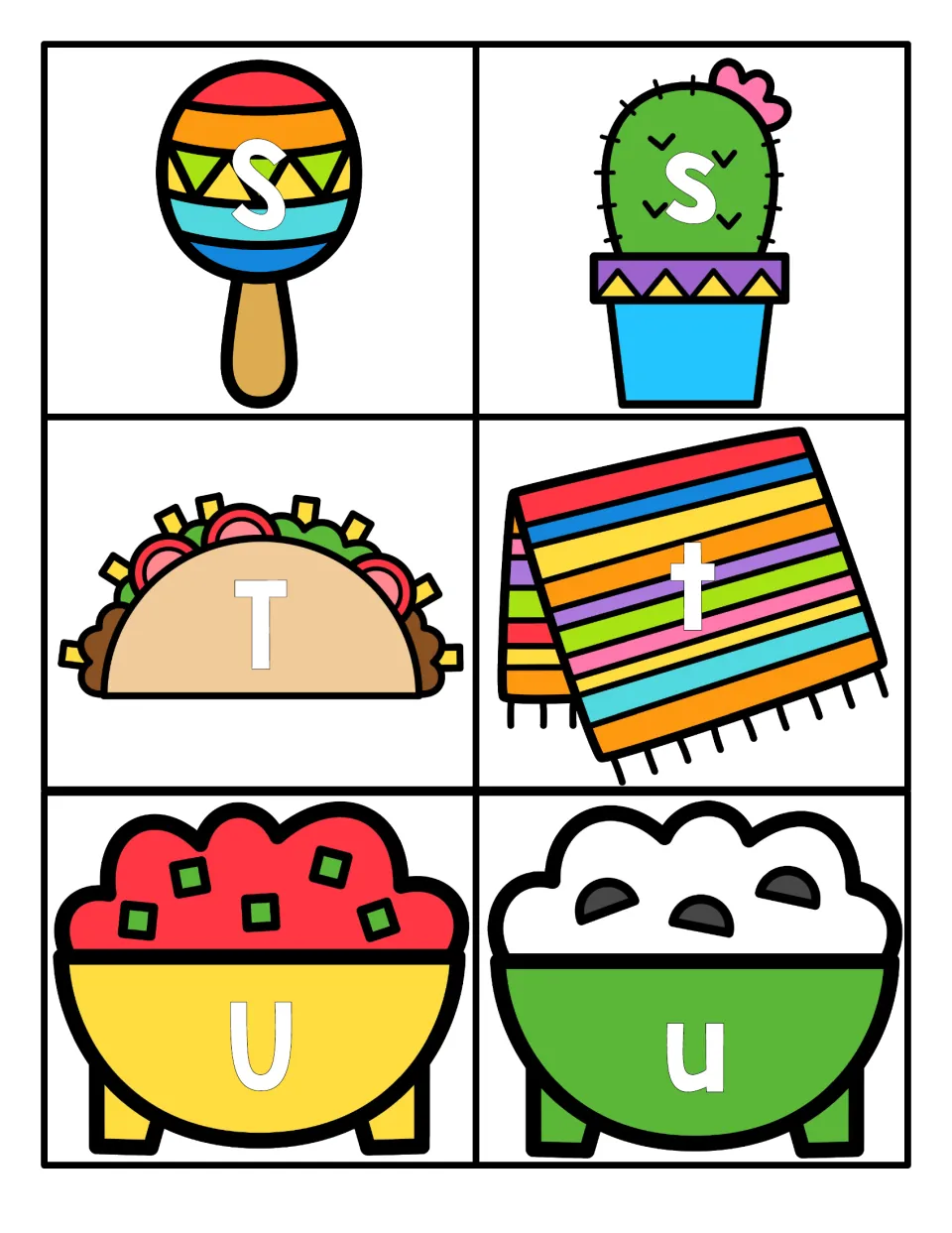 Letters S to U: uppercase S, T, U on a maraca, taco and salsa bowl with lowercase s, t, u on a cactus, blanket and dip bowl