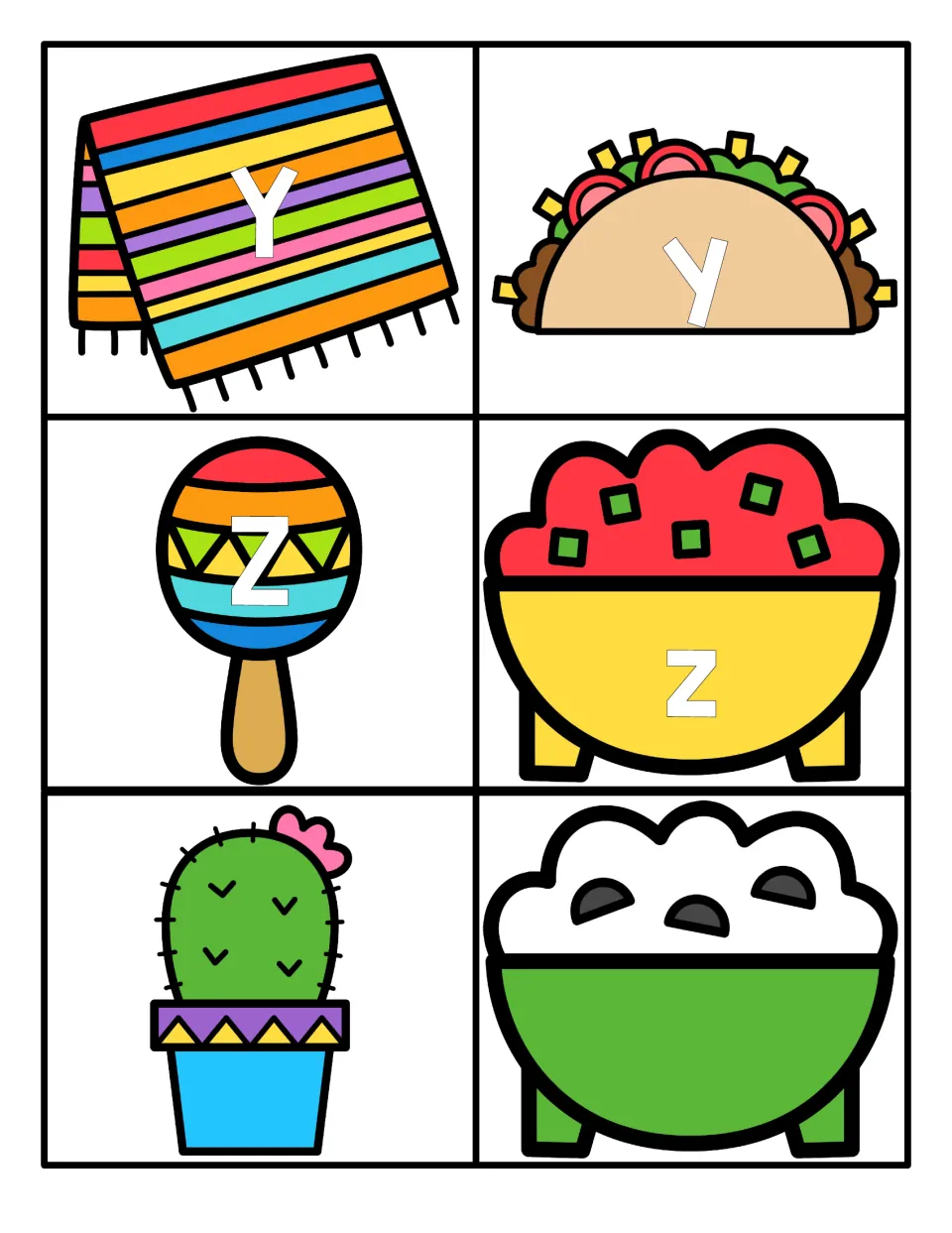 Letters Y and Z: uppercase Y, Z on a blanket and maraca, lowercase y, z on a taco and salsa, plus blank cactus and dip cards
