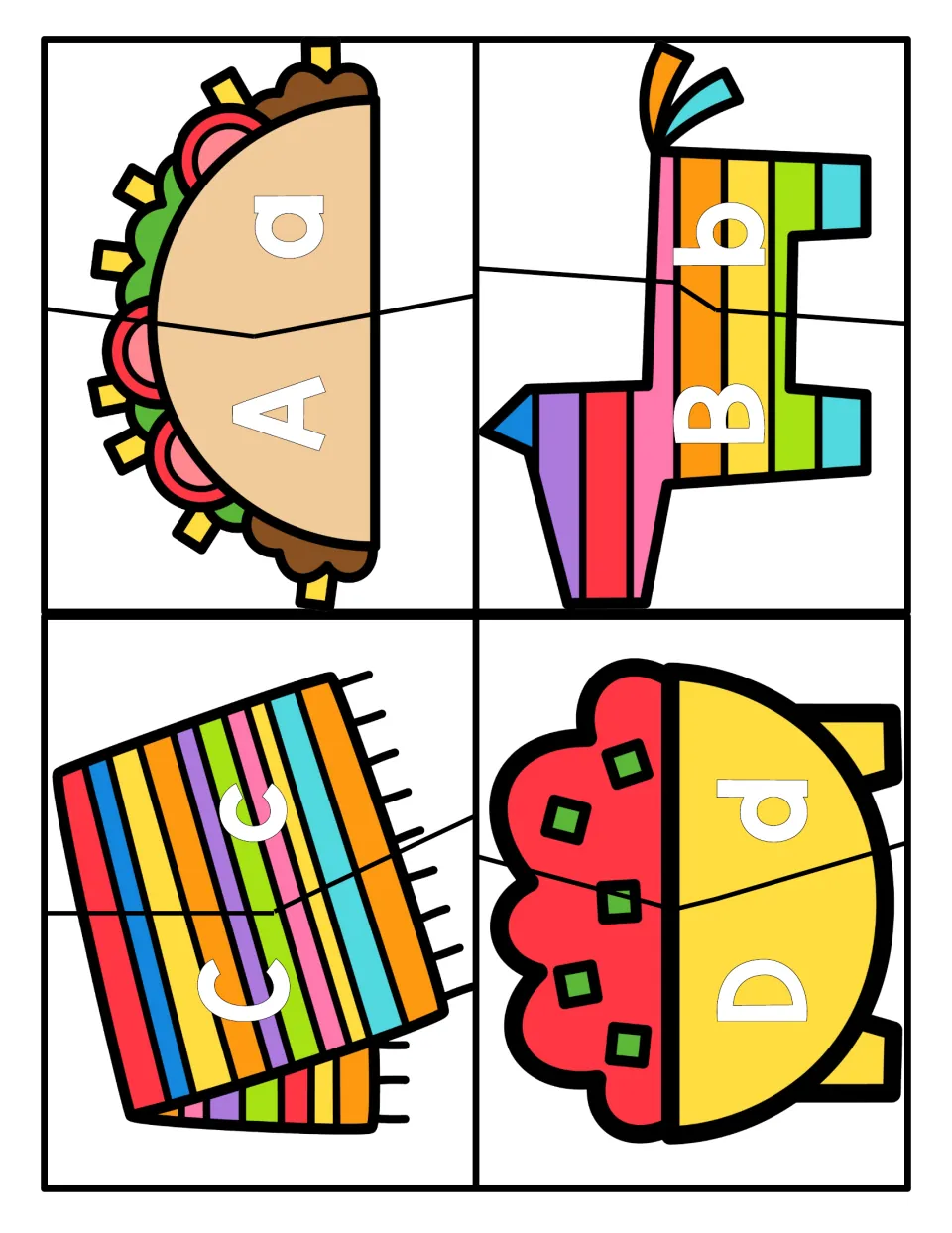 Letter puzzles A to D: students match each uppercase letter half to its lowercase half on taco, piñata and serape art