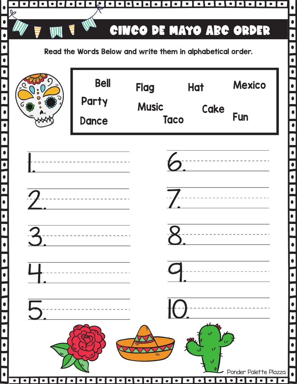 Cinco de Mayo ABC order: students write 10 words like Bell, Mexico, Taco and Party in alphabetical order