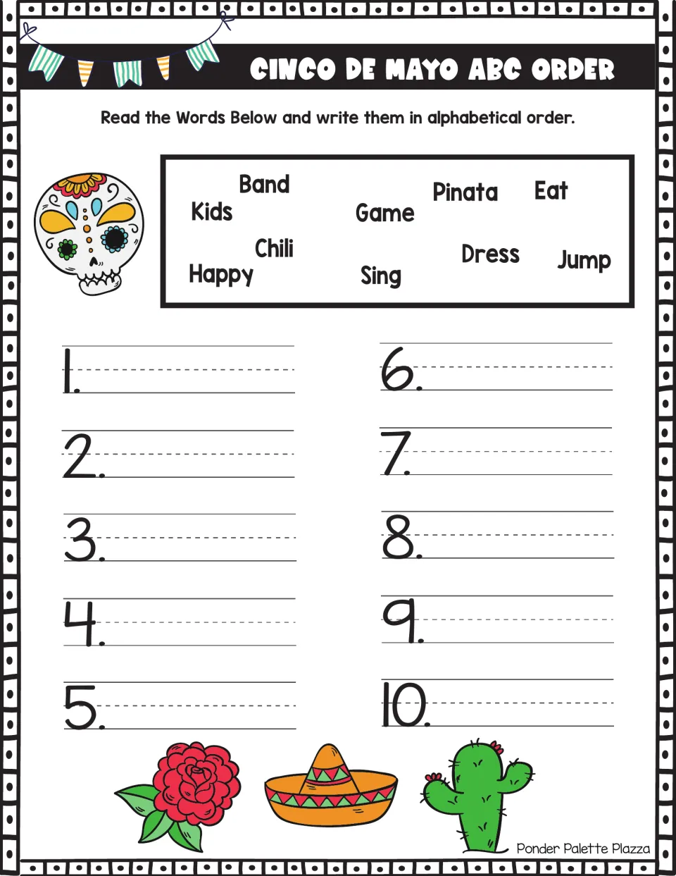 Cinco de Mayo ABC order set 2: students alphabetize 10 words including Band, Pinata, Chili, Kids and Jump