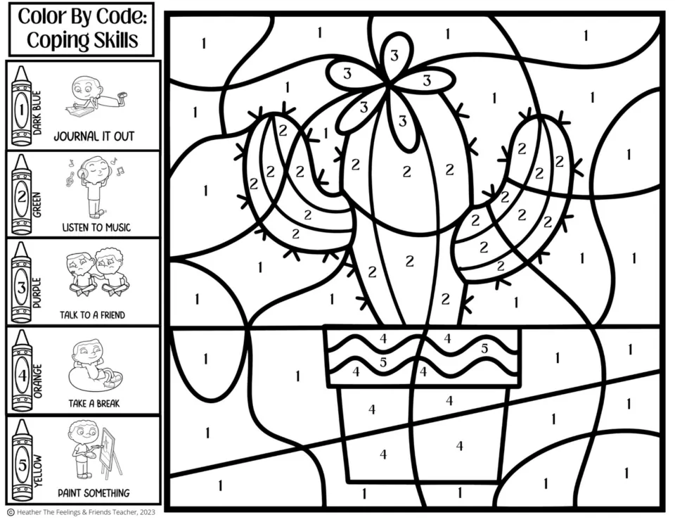 Cactus color by code: students color numbered spaces with 5 coping skills such as journal it out and listen to music
