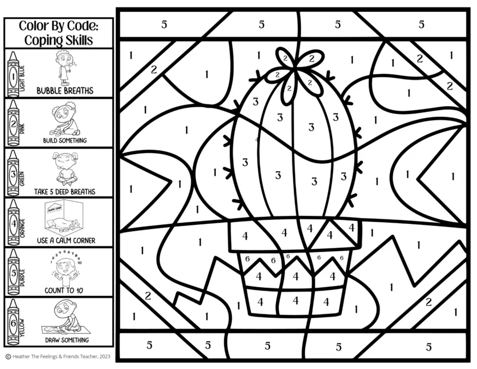 Round cactus color by code: students match 6 colors to coping skills like bubble breaths, use a calm corner and count to 10