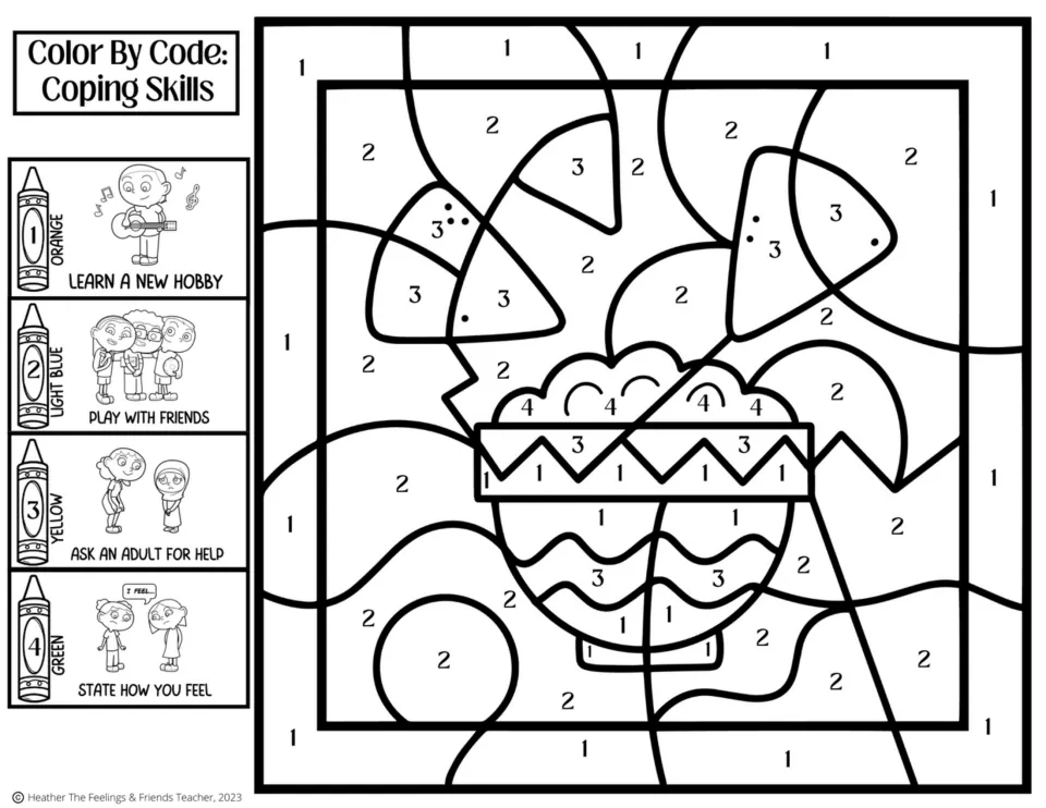 Chips and bowl color by code: students color by number with coping skills like ask an adult for help and state how you feel