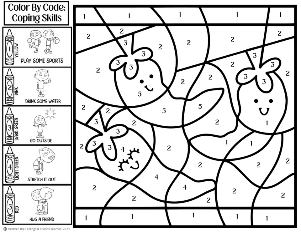 Strawberries color by code: students color spaces tied to coping skills like drink some water, go outside, hug a friend