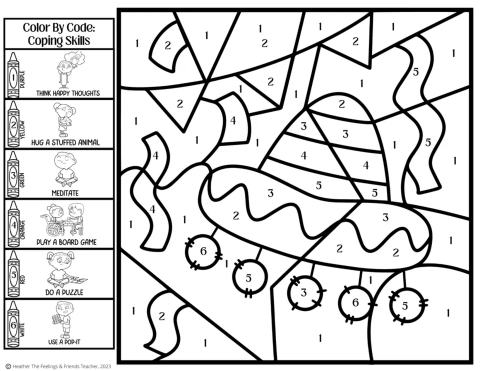 Sombrero color by code: students use 6 colors linked to coping skills like meditate, play a board game, use a pop-it