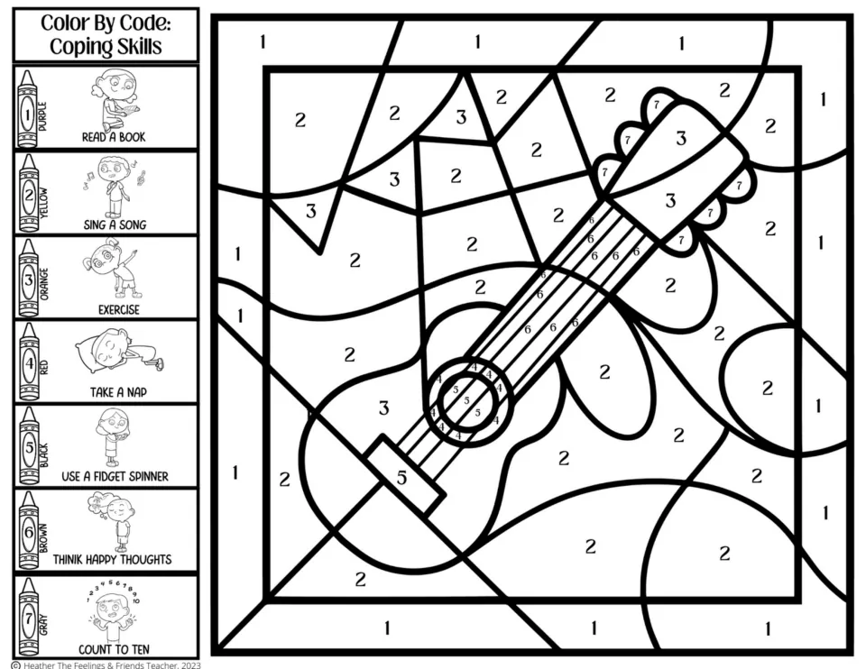 Guitar color by code: students color 7 numbered areas, each a coping skill such as read a book, take a nap, count to ten