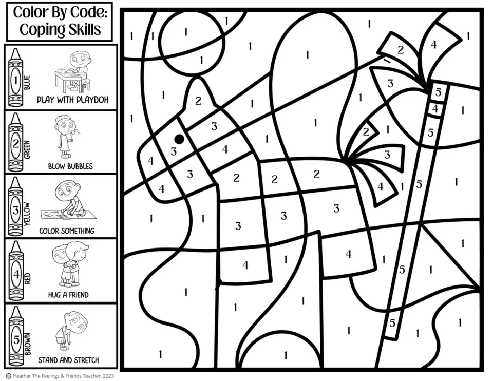 Piñata color by code: students match spaces to coping skills like play with playdoh, blow bubbles, stand and stretch