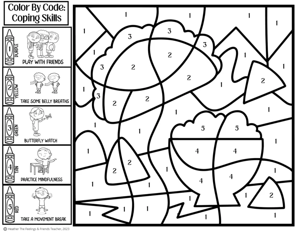Chips and bowl color by code: students color areas linked to coping skills like belly breaths, butterfly watch, mindfulness