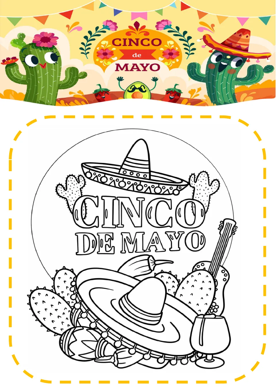 Cinco de Mayo coloring page: students color the bubble-letter title with a sombrero, cacti, maracas, guitar and a pepper