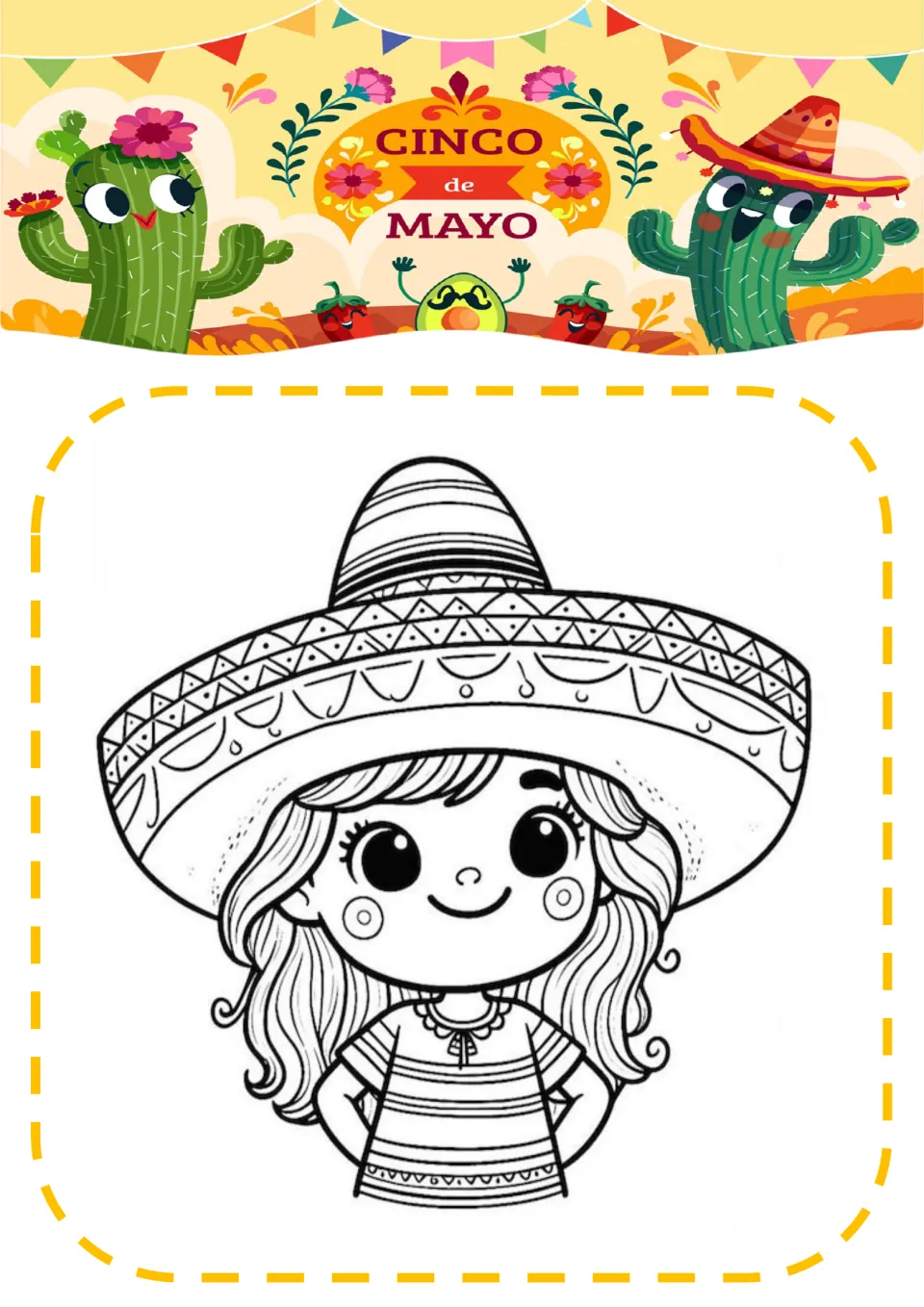 Cinco de Mayo coloring page: students color a smiling girl with long wavy hair wearing a patterned sombrero and striped top
