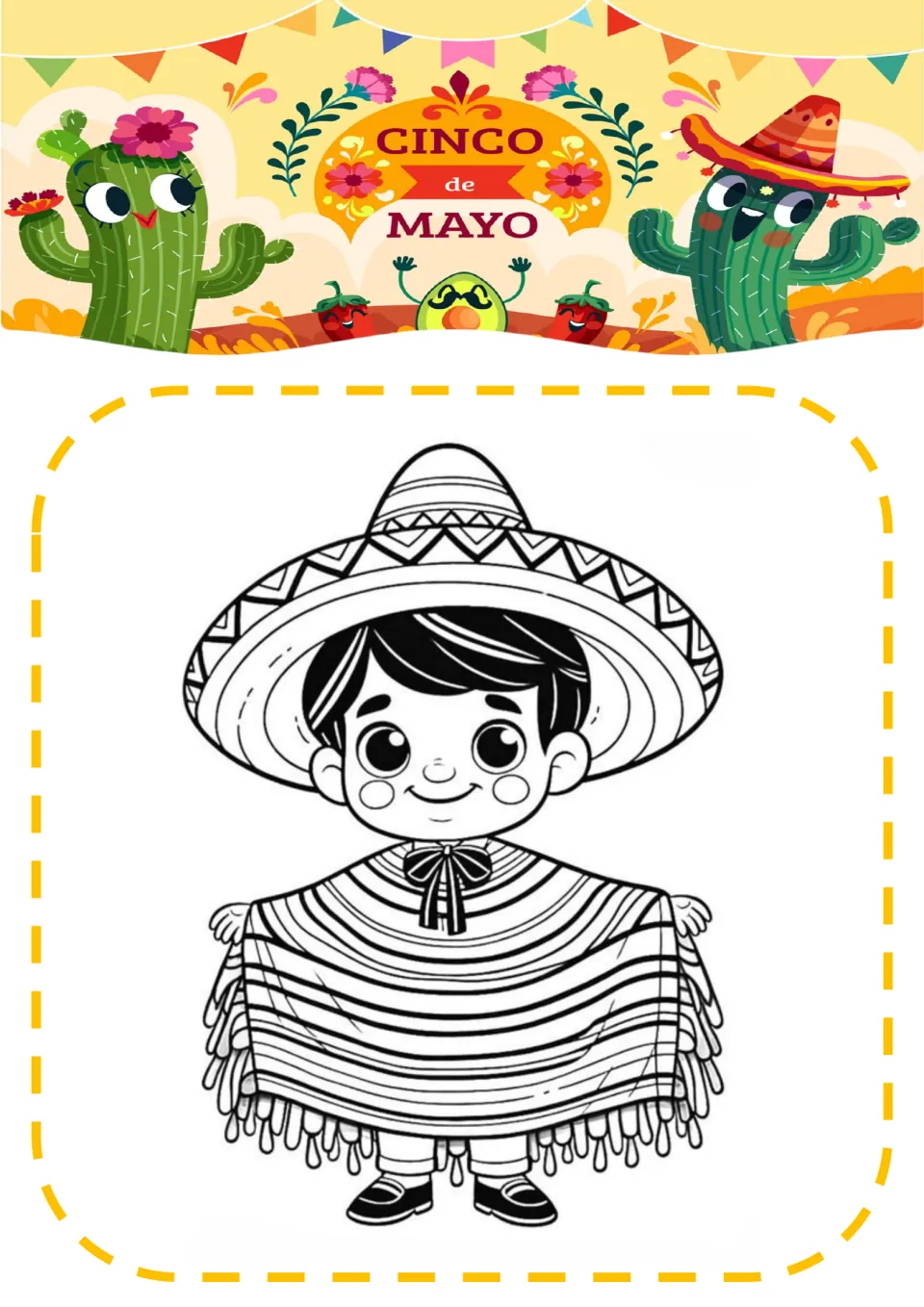 Cinco de Mayo coloring page: students color a smiling boy in a wide sombrero holding open a fringed, striped poncho