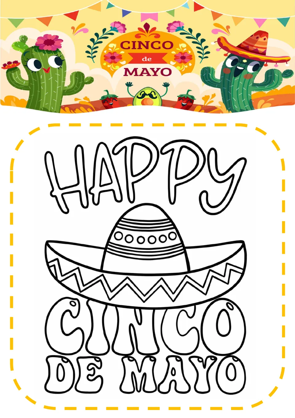 Happy Cinco de Mayo lettering page: students color large outlined words HAPPY and CINCO DE MAYO around a zigzag sombrero
