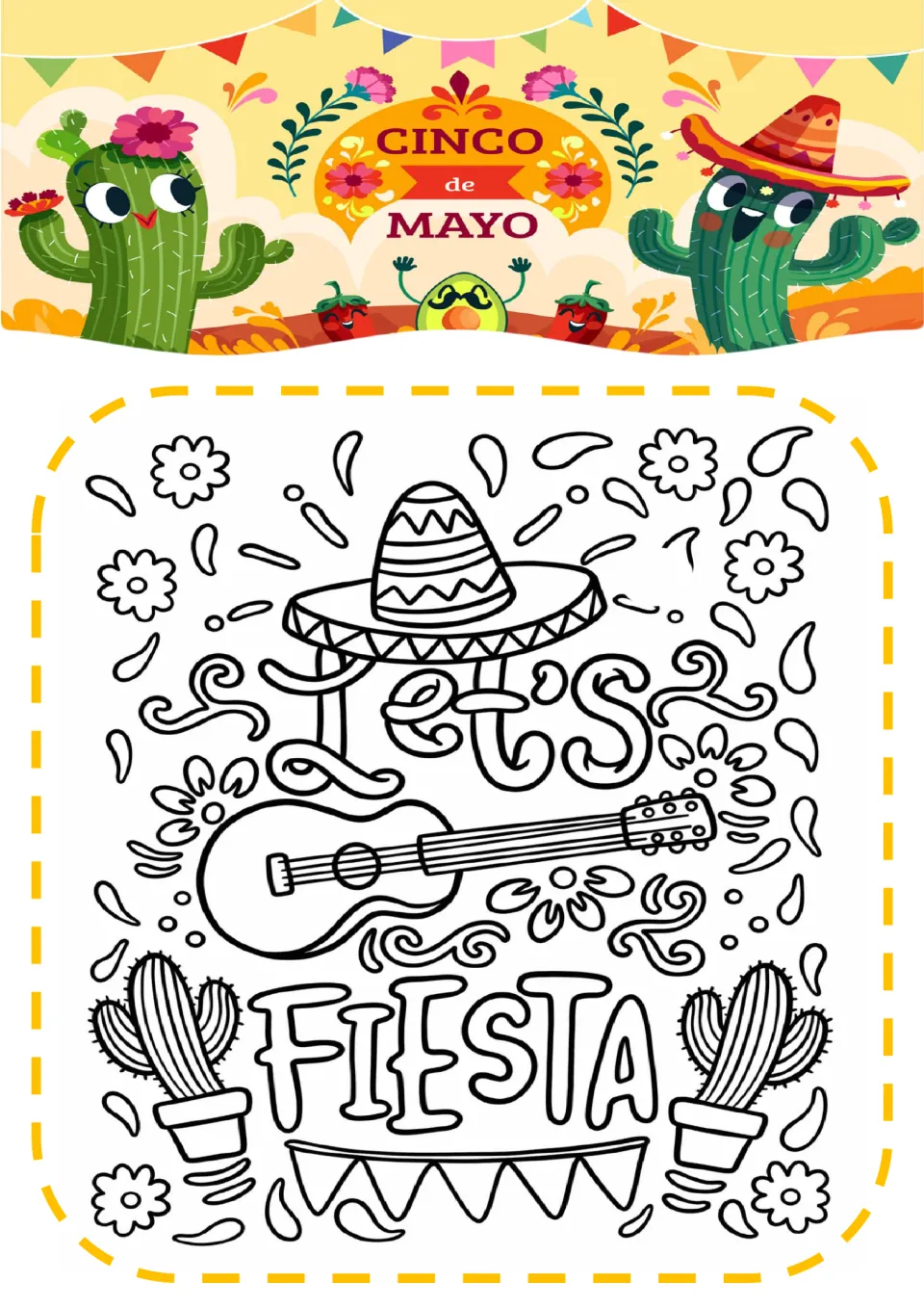 Let's Fiesta coloring page: students color a sombrero, guitar, two potted cacti, flowers and bunting around the lettering