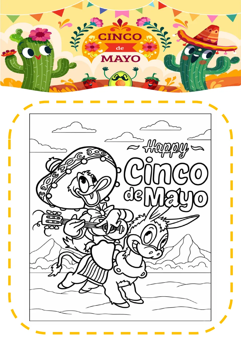 Happy Cinco de Mayo scene: students color a duck in a sombrero playing guitar while riding a grinning donkey by mountains