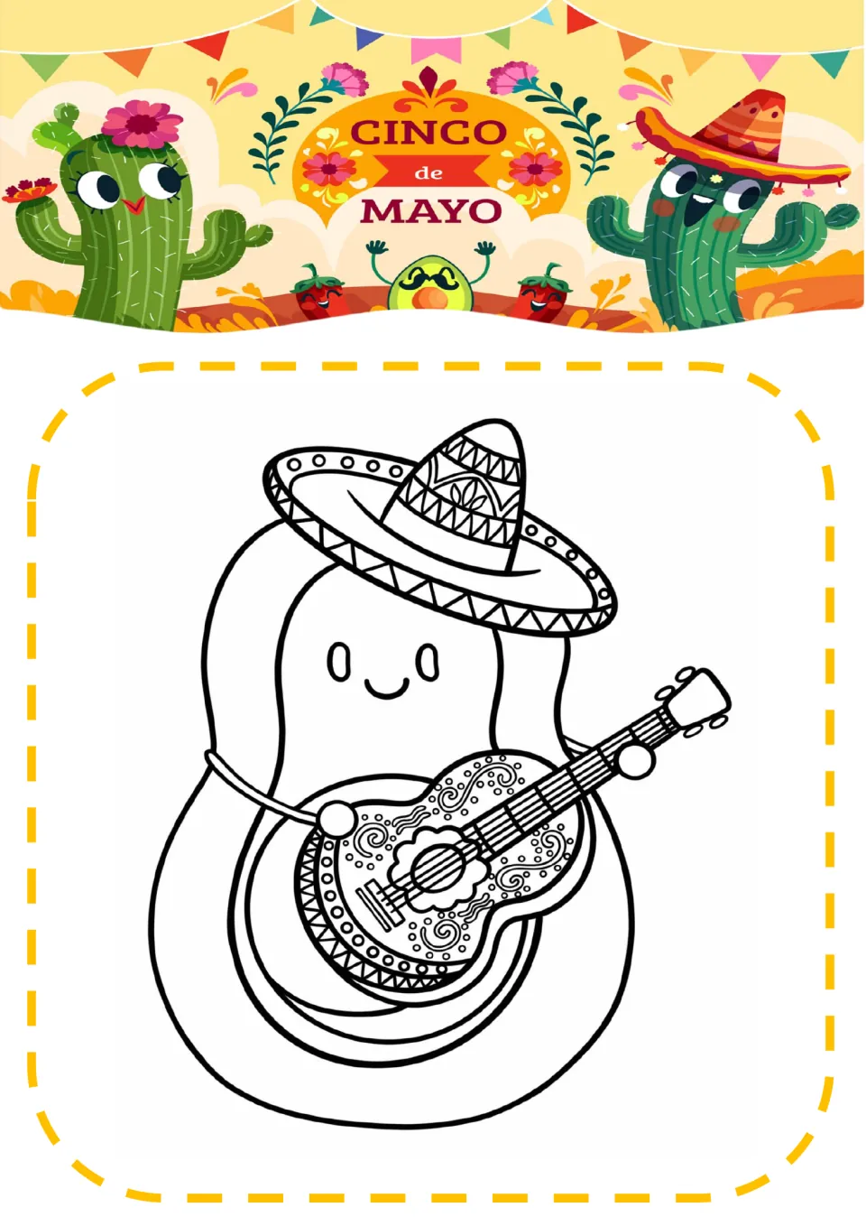Cinco de Mayo coloring page: students color a smiling avocado wearing a sombrero and strumming a decorated guitar