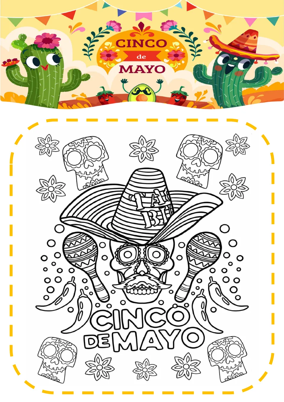Cinco de Mayo coloring page: students color a mustached skull in a striped hat with maracas, chili peppers and flowers