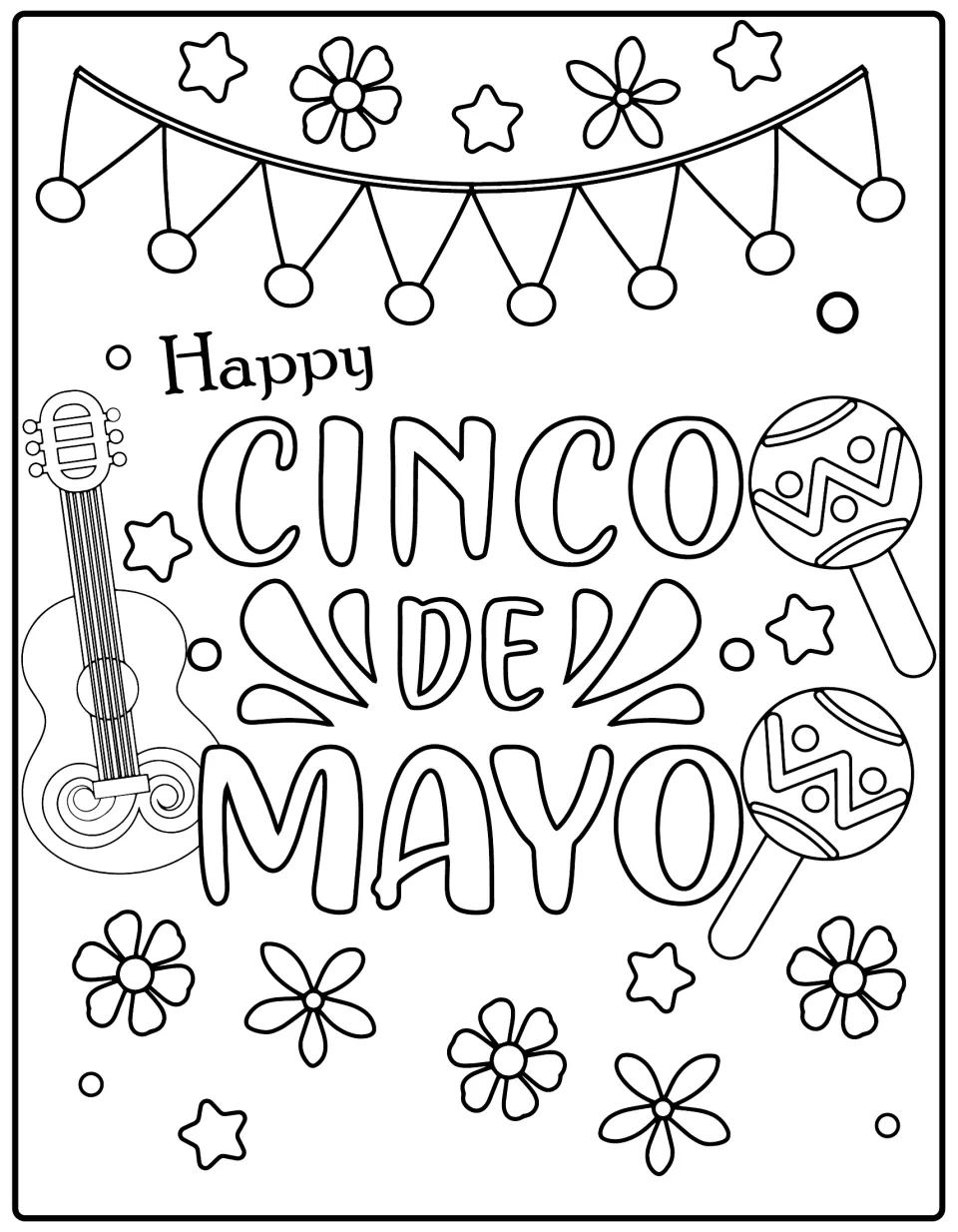 Happy Cinco de Mayo coloring page: students color bubble lettering, a guitar, two maracas, a pennant banner and flowers