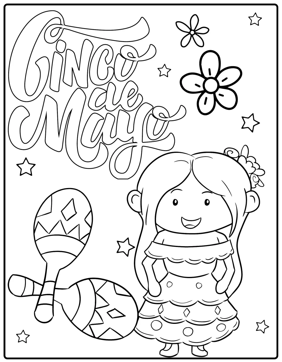 Cinco de Mayo script lettering to color with a smiling girl in a ruffled dress, two maracas, flowers and stars